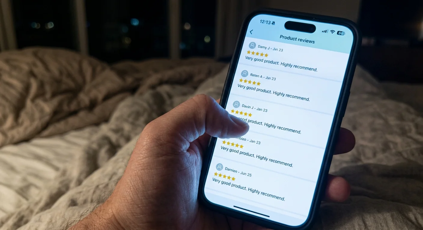 Macro photo of a smartphone screen displaying a series of identical five-star reviews with repeated text, highlighting fake reviews.