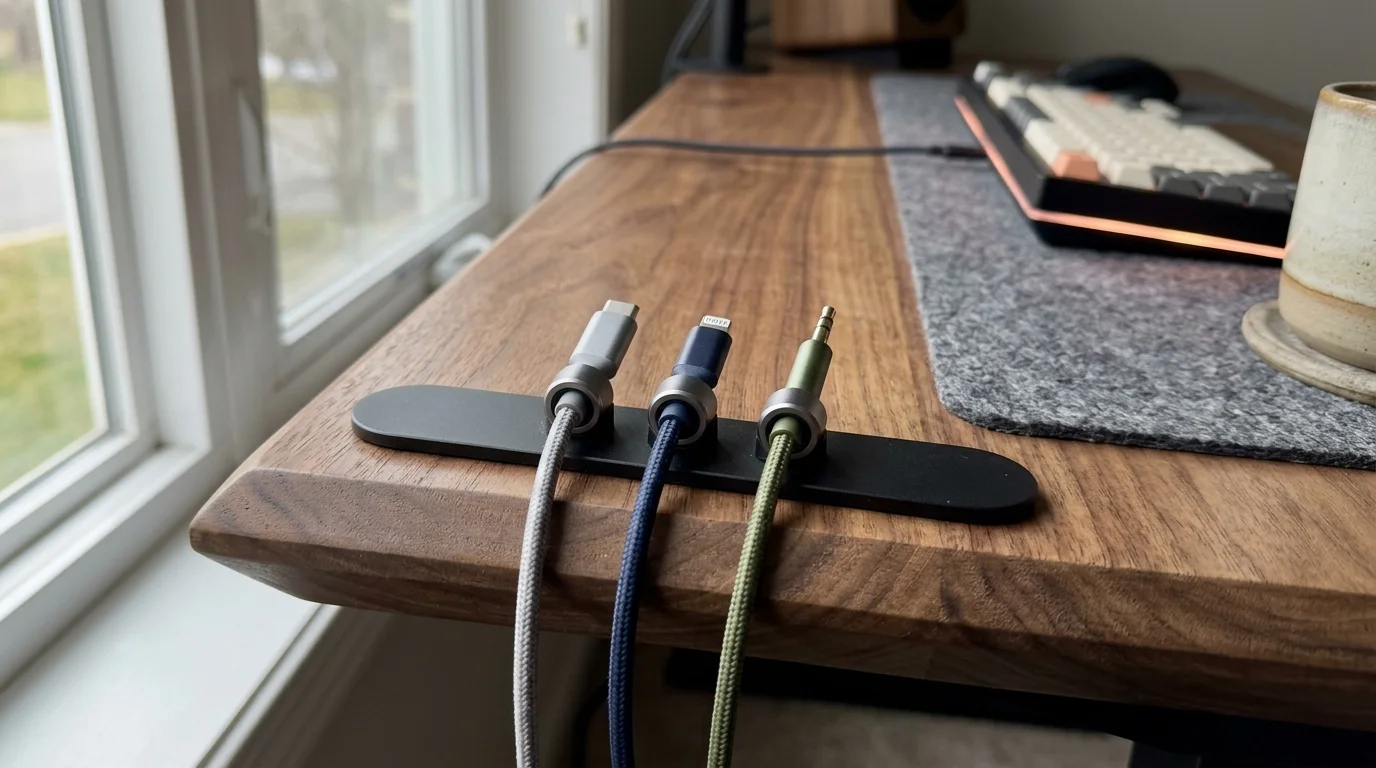 Three braided cables secured with round magnetic clips on a black strip along the edge of a wooden desk.