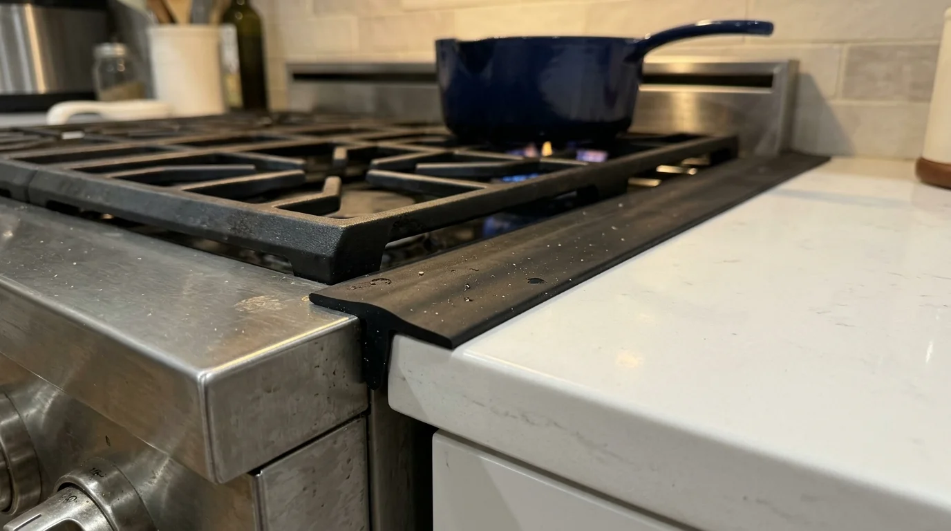 Black silicone gap cover placed in the crevice between a stainless steel gas stove and a white countertop.