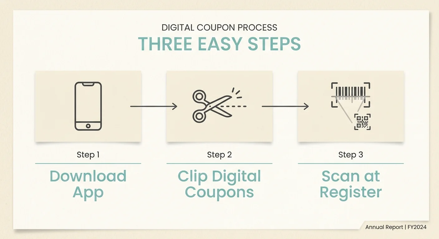 Minimalist 3-step flowchart outlining how to use supermarket apps for clipping digital coupons.