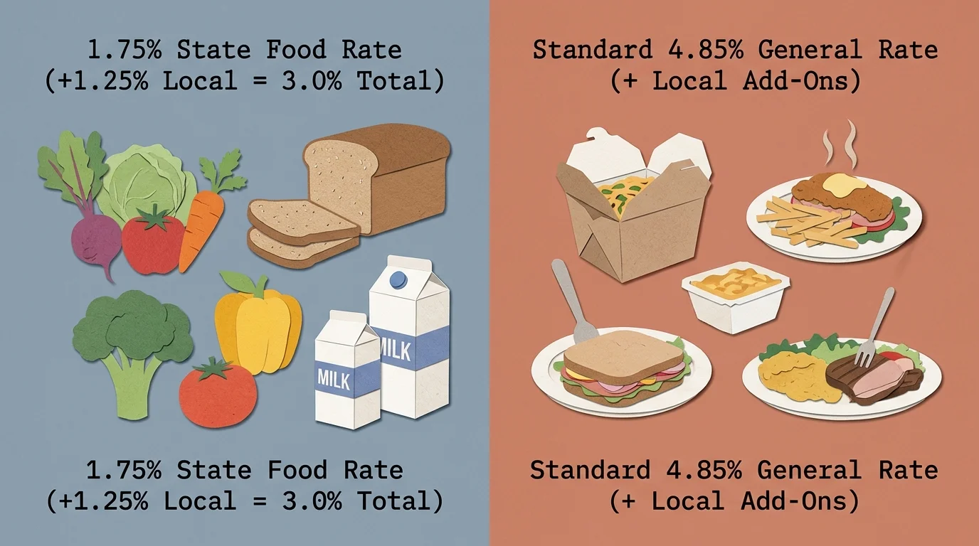 Paper cutout graphic comparing fresh groceries under a reduced food tax rate to prepared meals under a general rate.