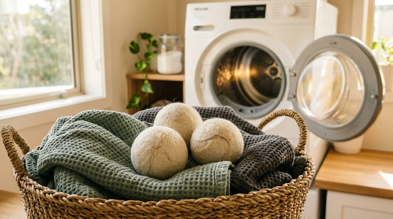 Three wool dryer balls sit on waffle-weave towels in a woven basket in front of an open front-loading dryer.
