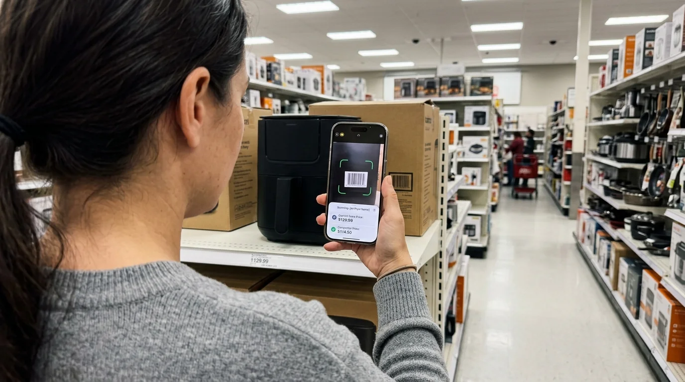 Over-the-shoulder view of a shopper using a smartphone app to scan a product barcode on a retail store shelf.