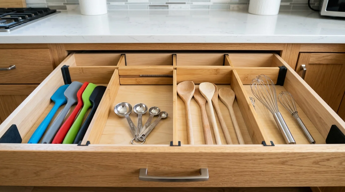 Open wooden kitchen drawer divided into compartments holding spatulas, measuring spoons, wooden spoons, and whisks.