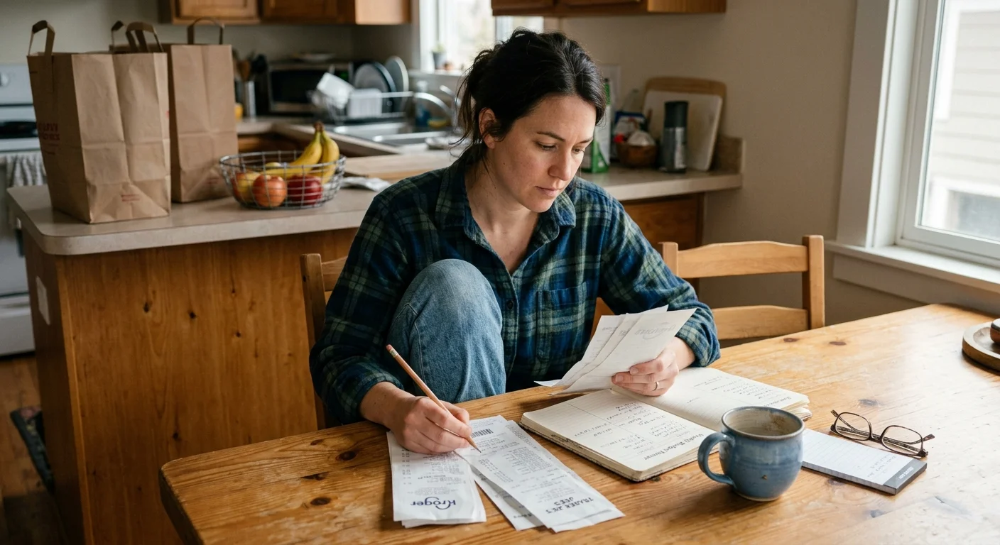 A woman sits at a wooden kitchen table reviewing paper grocery receipts and taking notes in a journal.