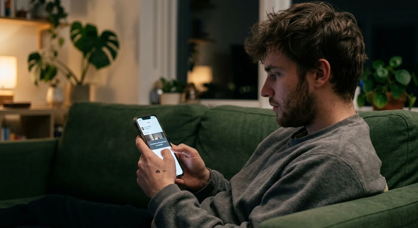 Photo of a man on a couch looking at a social media ad on his phone with disabled comments, suggesting a potential retail scam.