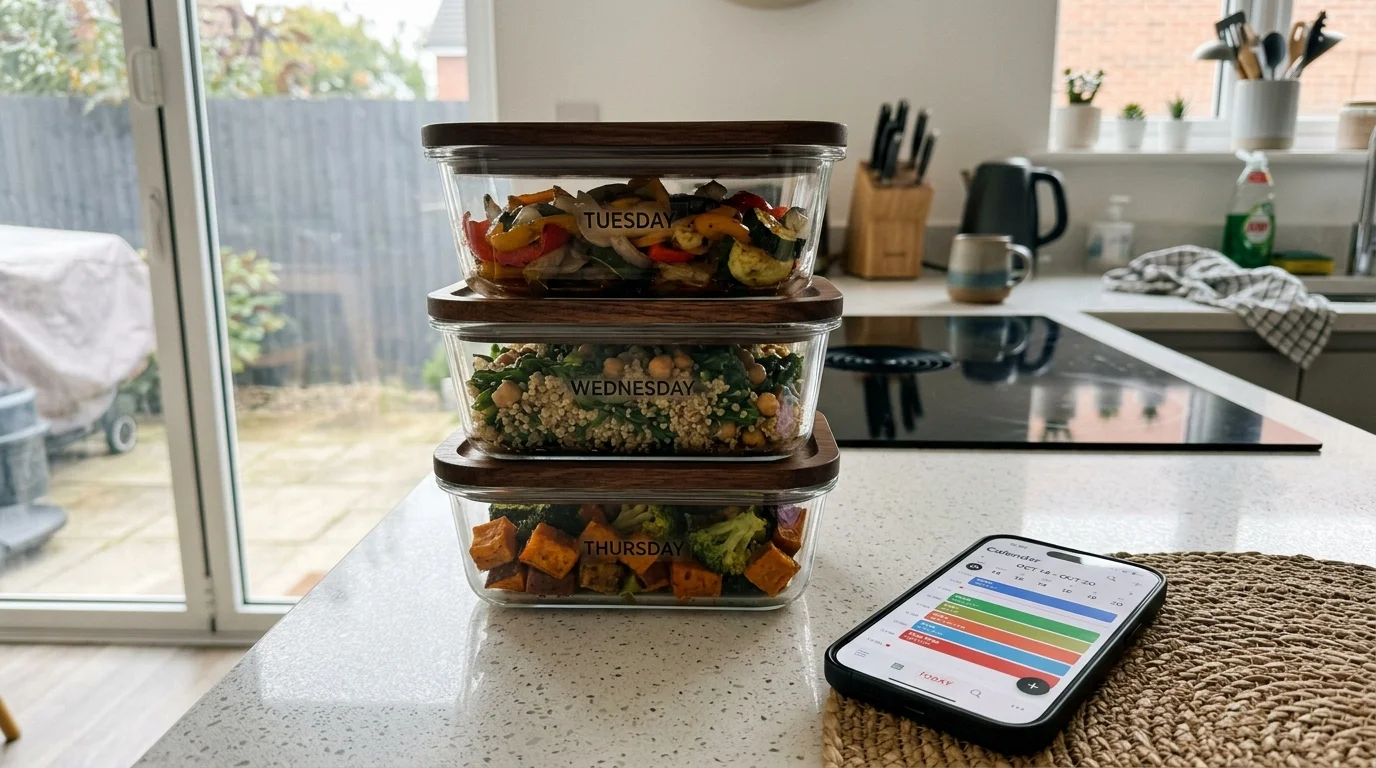 Three glass meal-prep containers filled with healthy, colorful leftovers on a kitchen counter.