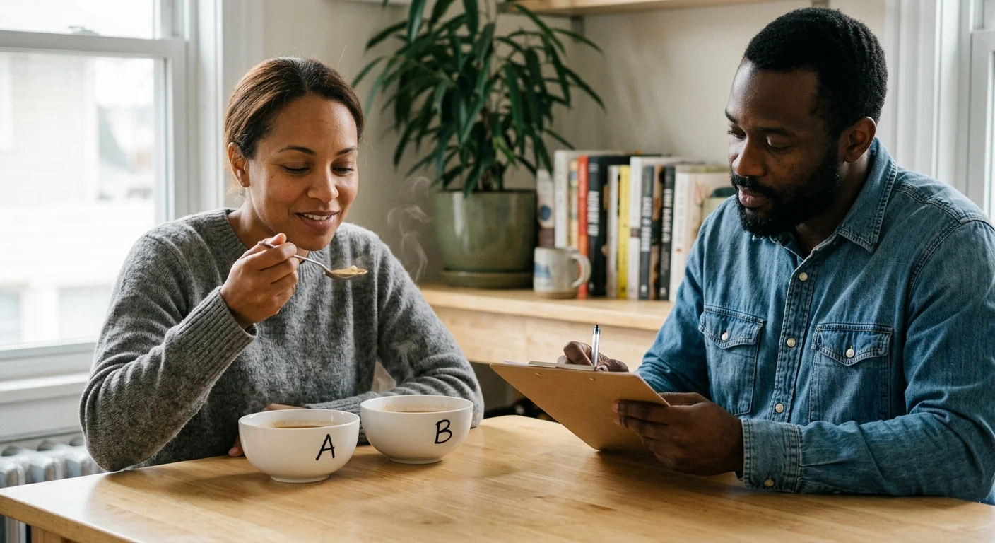 Two people participating in a blind food taste test at a kitchen table, evaluating two unmarked bowls labeled A and B.