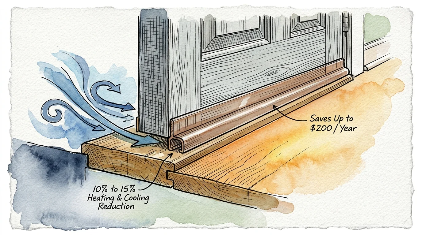 Watercolor diagram of an exterior door draft sweep blocking incoming air drafts at the threshold with labeled savings.