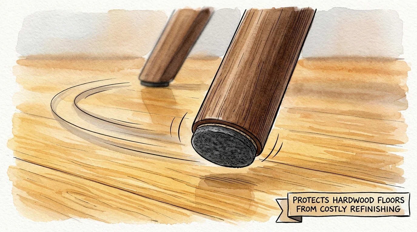 Watercolor illustration of wooden chair legs with protective felt pads sliding smoothly across a hardwood floor.