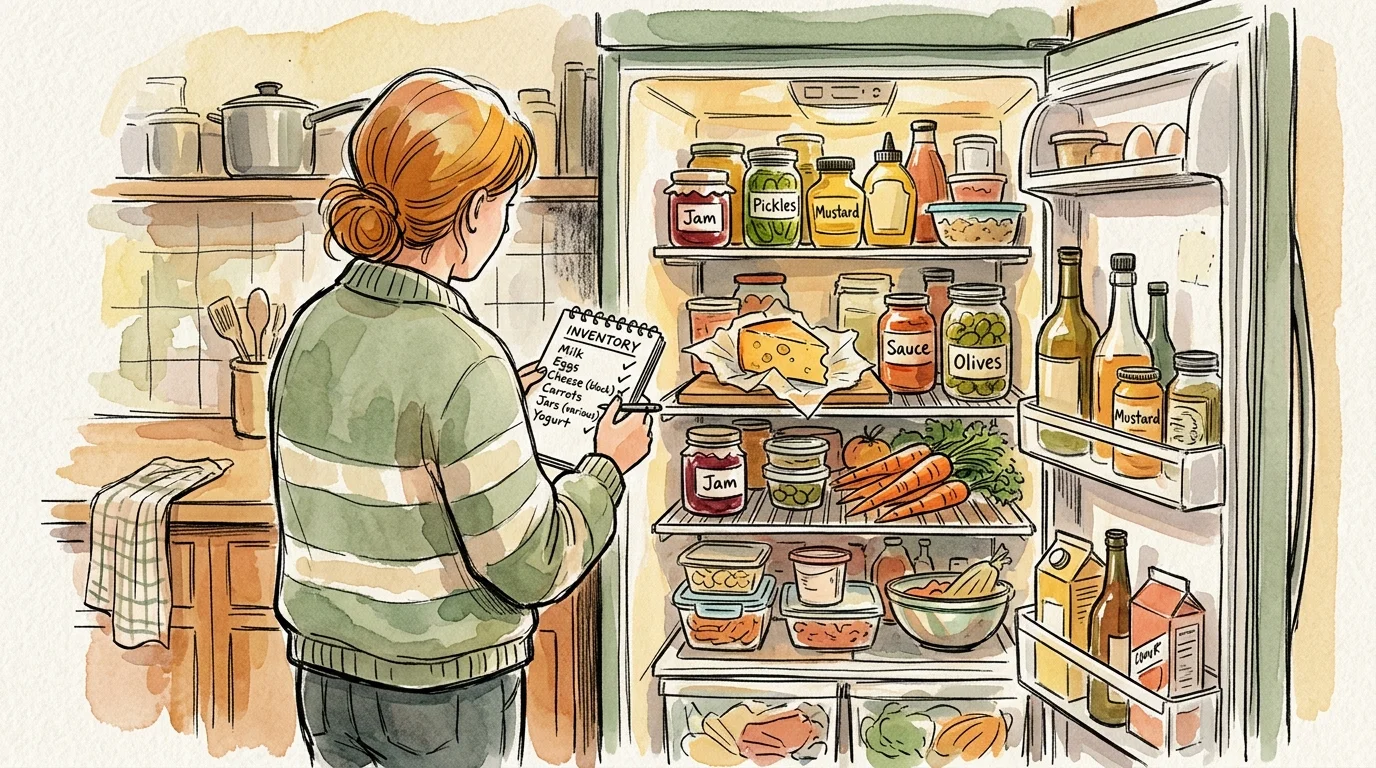 Watercolor illustration of a person conducting a refrigerator inventory before grocery shopping.