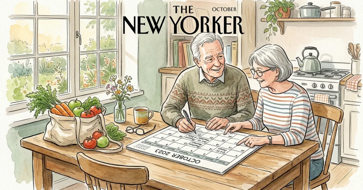 Watercolor illustration of a senior couple happily planning their grocery shopping schedule on a kitchen calendar.