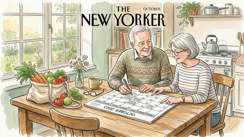 Watercolor illustration of a senior couple happily planning their grocery shopping schedule on a kitchen calendar.