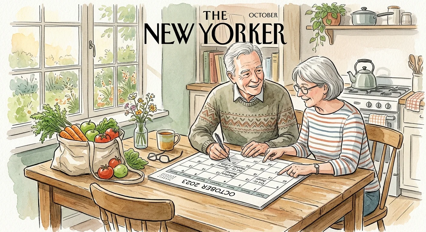 Watercolor illustration of a senior couple happily planning their grocery shopping schedule on a kitchen calendar.