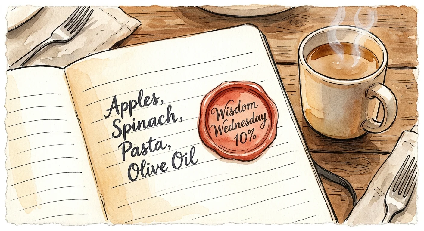 Watercolor painting of a handwritten grocery list on a wooden table next to a warm cup of tea.