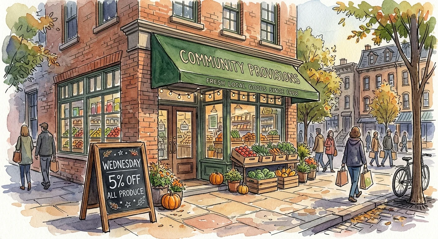 Watercolor sketch of a local market storefront with a sidewalk chalkboard sign advertising 5% off on Wednesdays.