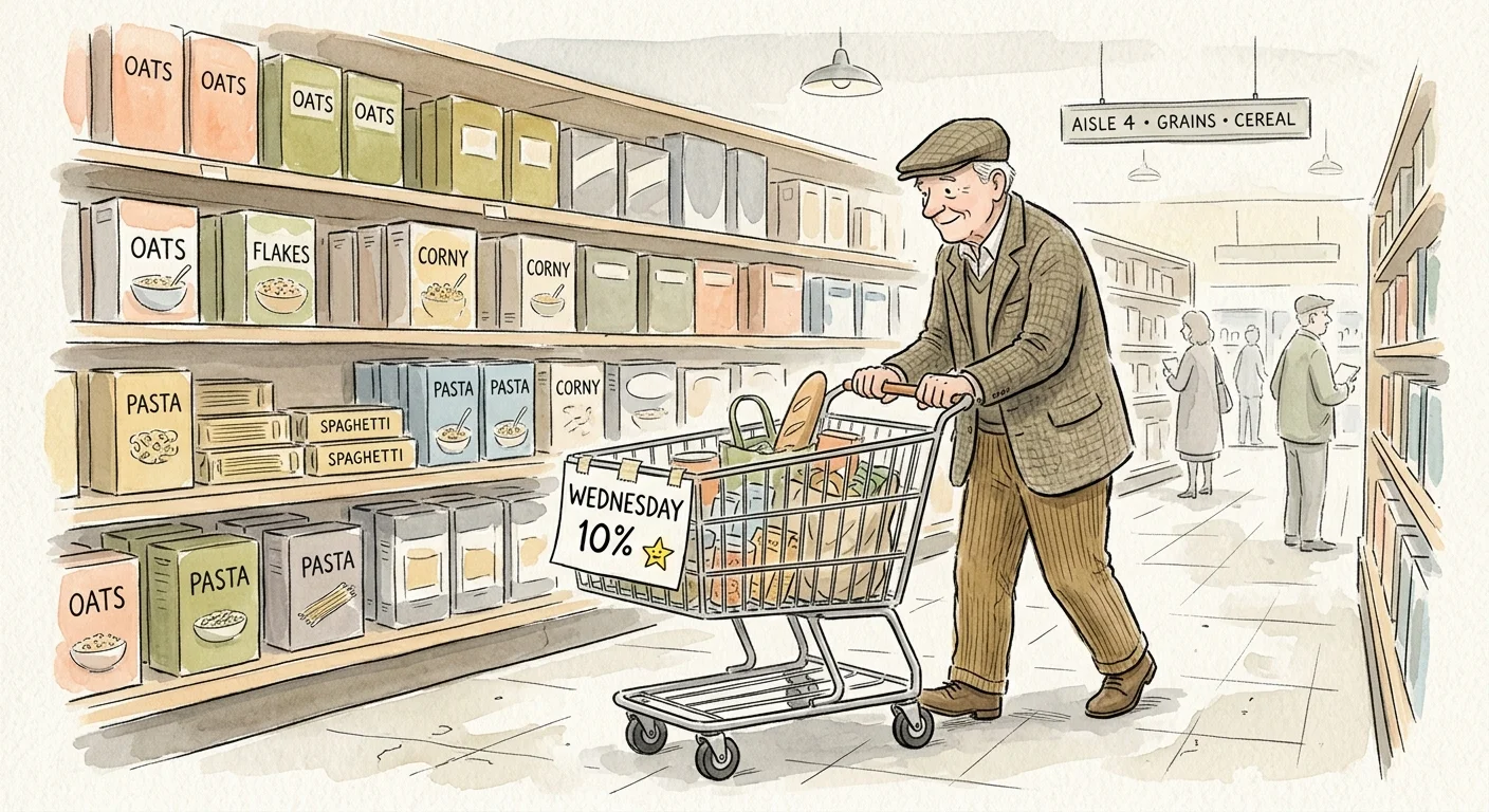 Watercolor sketch of an older man pushing a grocery cart labeled with a 10% Wednesday savings flag.