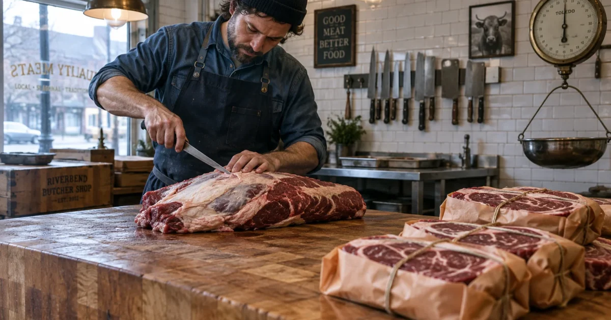 A bearded butcher in a denim shirt and apron slices a large cut of raw beef on a butcher block counter.