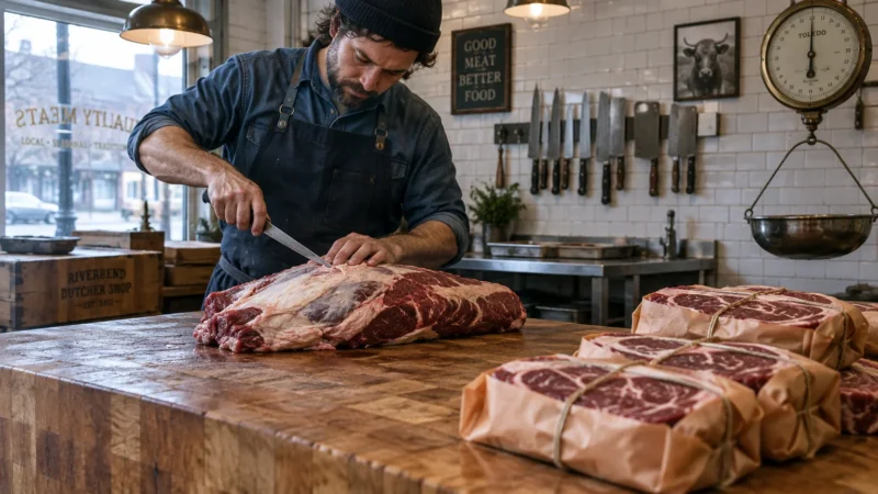 A bearded butcher in a denim shirt and apron slices a large cut of raw beef on a butcher block counter.