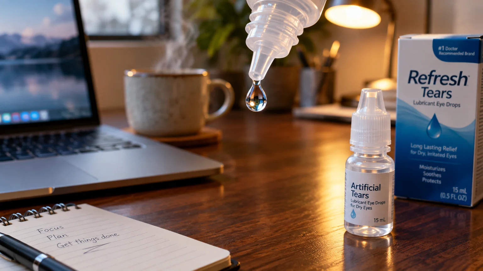 A droplet falls from an eye drop bottle onto a desk beside a Refresh Tears box and an Artificial Tears bottle.