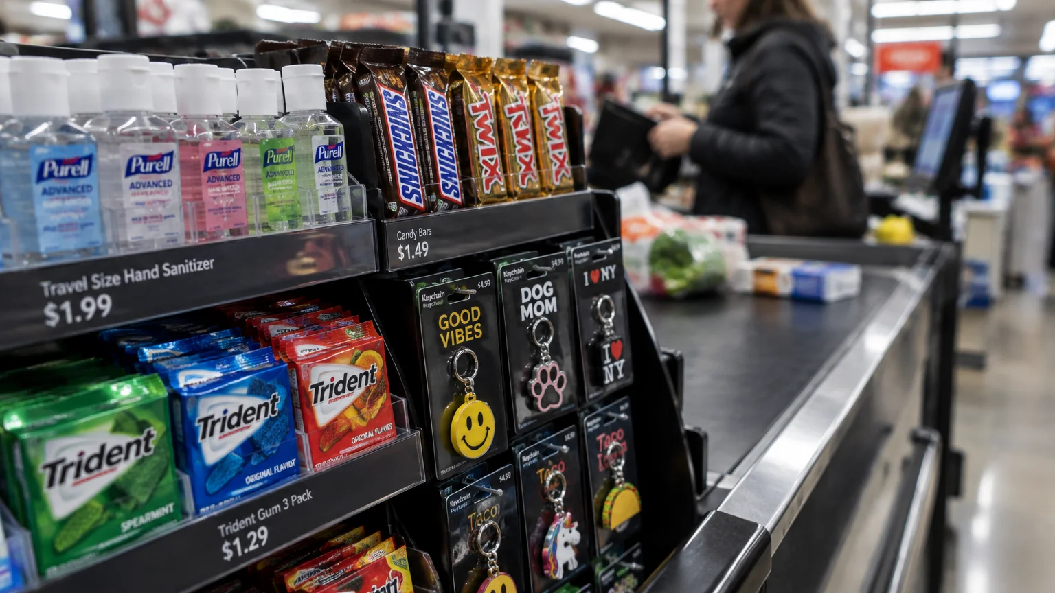 Checkout display stocked with hand sanitizer, candy bars, gum, and keychains next to a grocery conveyor belt.