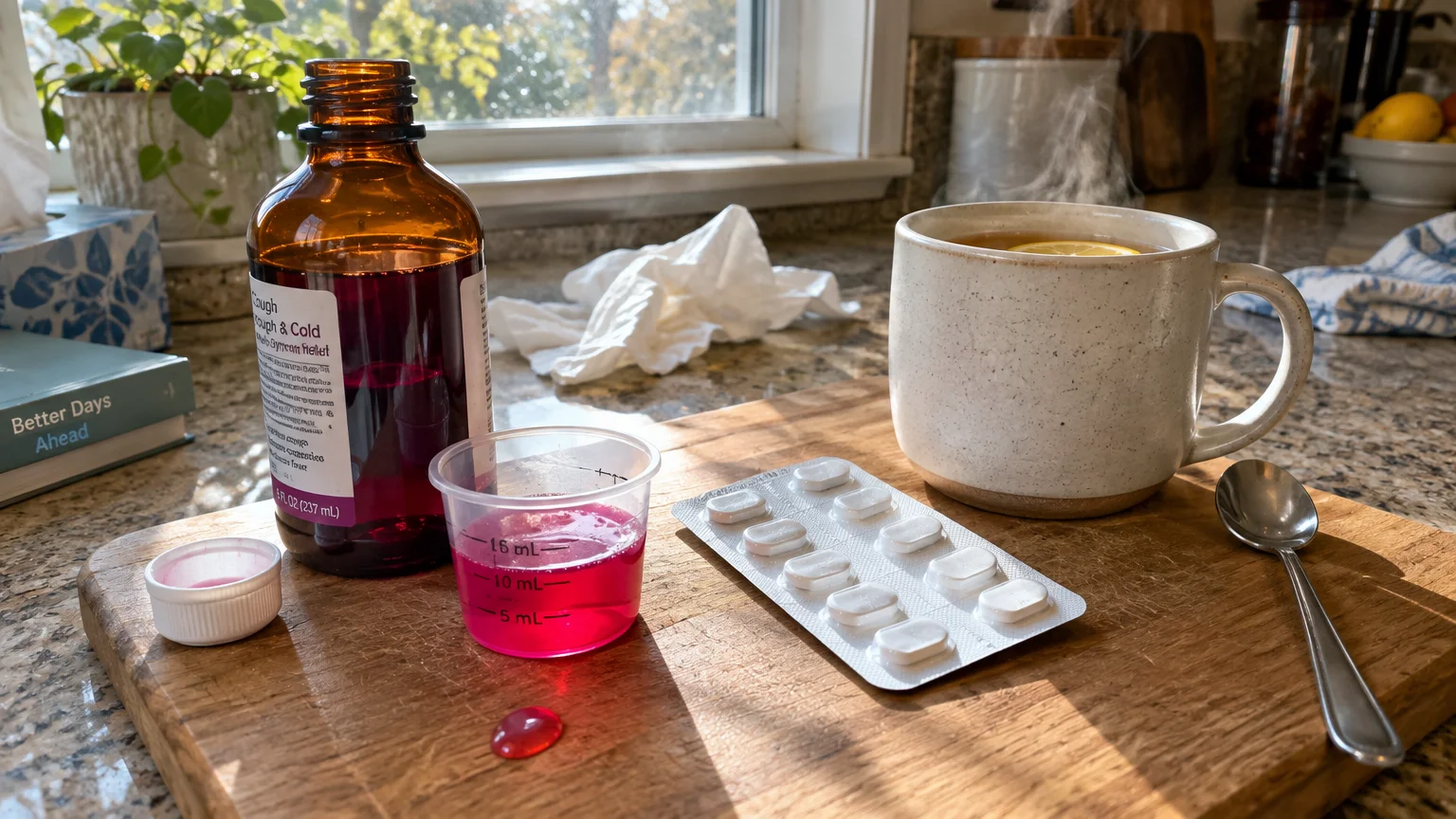 A bottle of cough syrup, a small cup filled with pink liquid, a blister pack of pills, and a steaming mug on a cutting board.