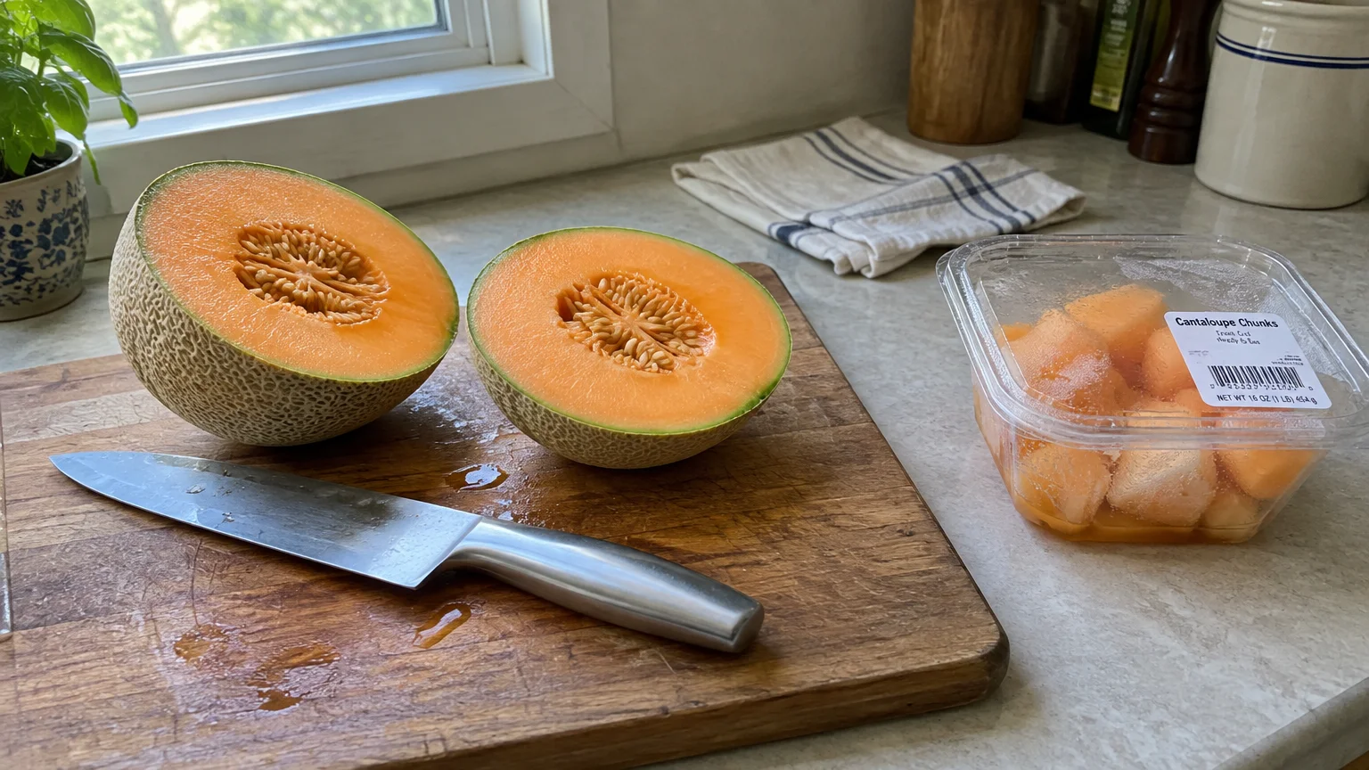 Halved cantaloupe on a cutting board next to a knife and a plastic tub of pre-cut cantaloupe chunks.