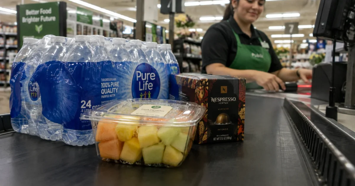 Bottled water, packaged fruit, and coffee pods sit on a grocery store checkout conveyor belt in front of a cashier.