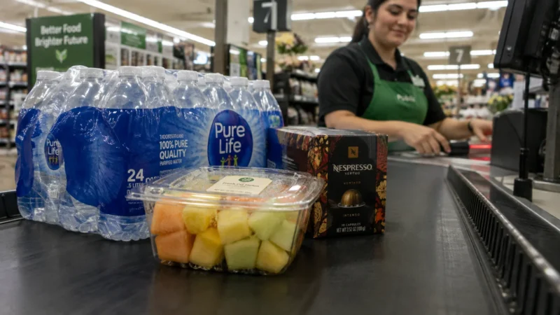 Bottled water, packaged fruit, and coffee pods sit on a grocery store checkout conveyor belt in front of a cashier.