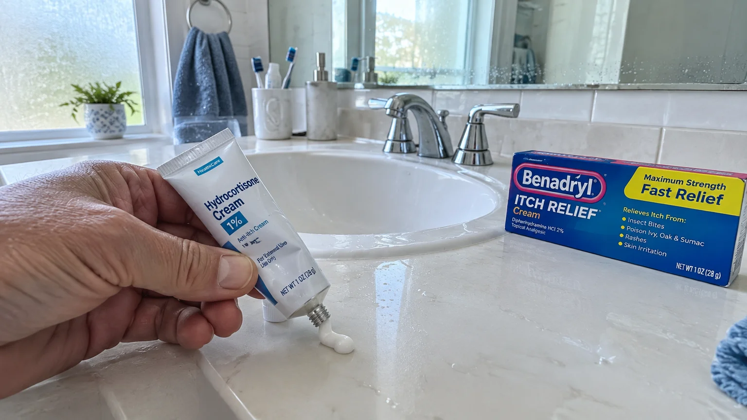 Hand squeezing hydrocortisone cream onto a bathroom counter next to a Benadryl Itch Relief box.