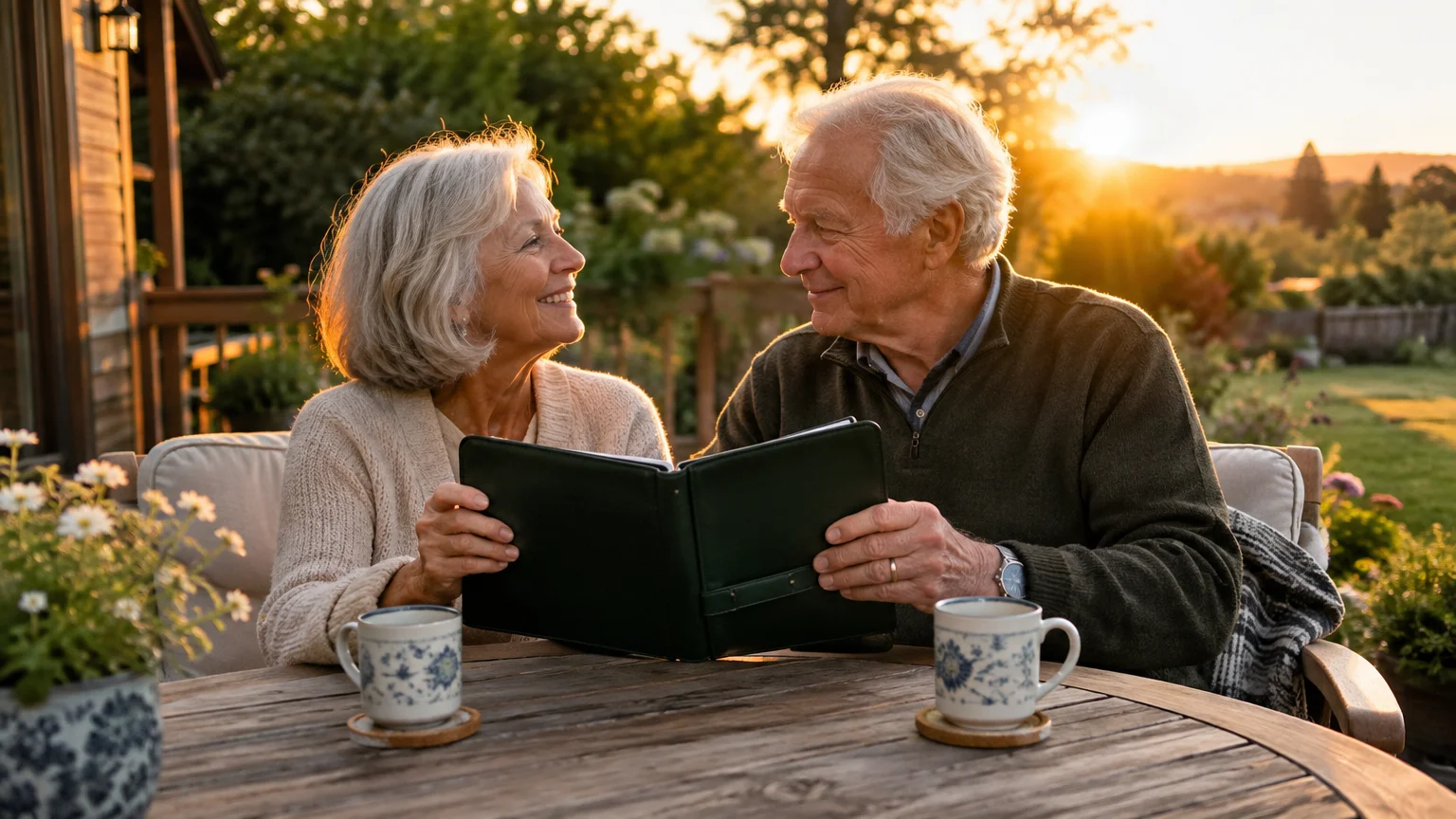 Older man and woman smiling at an outdoor patio table holding an open binder together at sunset.