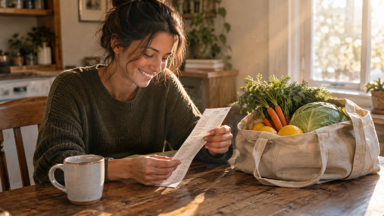 A smiling woman sits at a wooden kitchen table reviewing a long grocery receipt next to fresh produce in a tote bag.