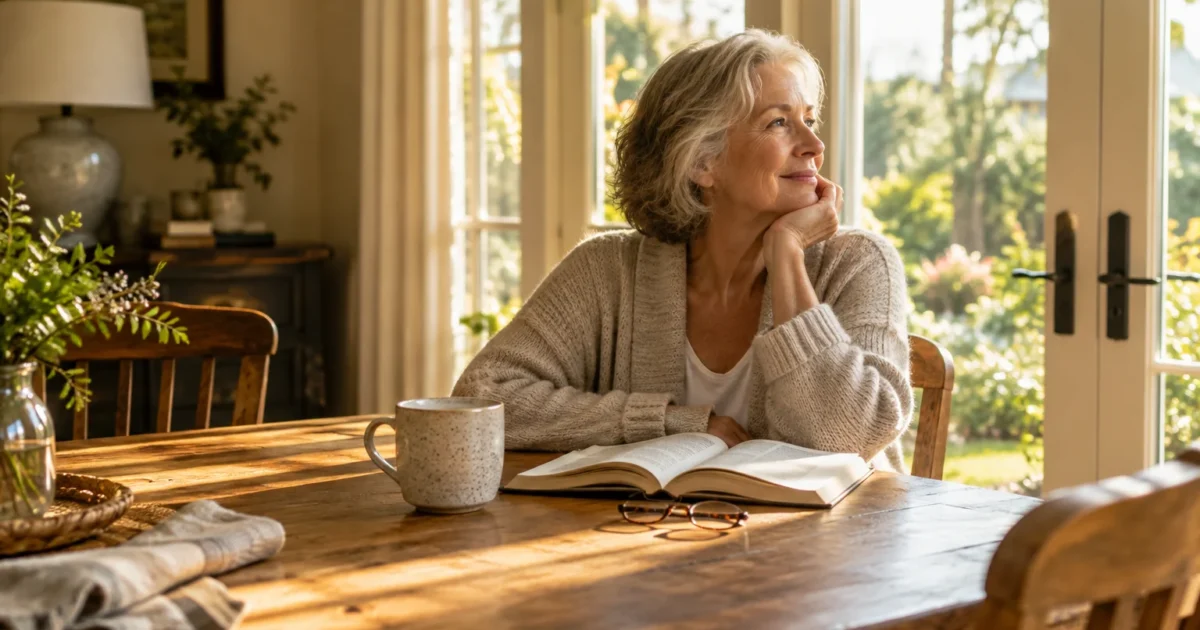 Smiling senior woman sitting at a sunlit wooden dining table with an open book, reading glasses, and a ceramic mug.