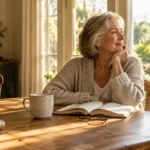 Smiling senior woman sitting at a sunlit wooden dining table with an open book, reading glasses, and a ceramic mug.