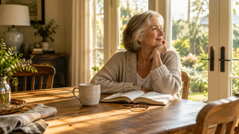 Smiling senior woman sitting at a sunlit wooden dining table with an open book, reading glasses, and a ceramic mug.