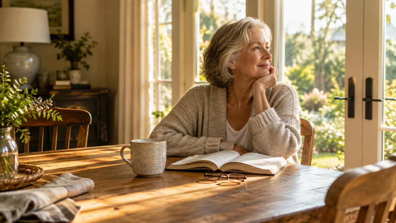 Smiling senior woman sitting at a sunlit wooden dining table with an open book, reading glasses, and a ceramic mug.