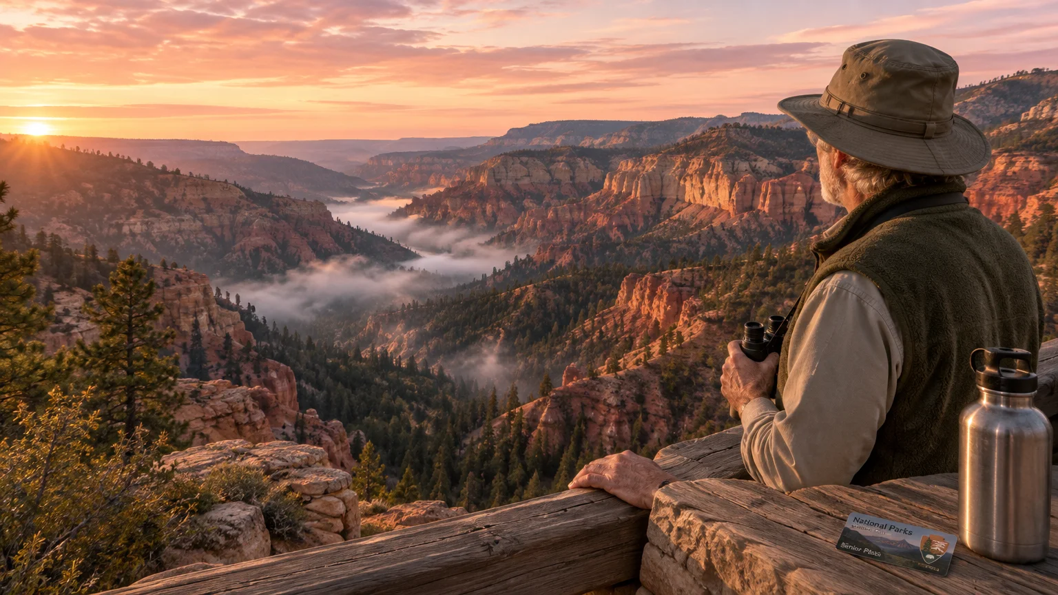 A senior man in a sun hat overlooks a misty canyon at sunrise with a national parks pass on the wooden railing.
