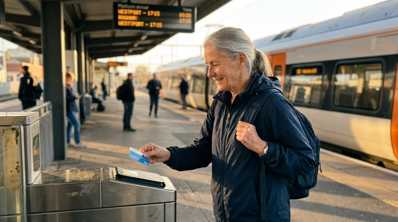 A smiling older woman scans a card at a train station platform turnstile, with a train waiting in the background.