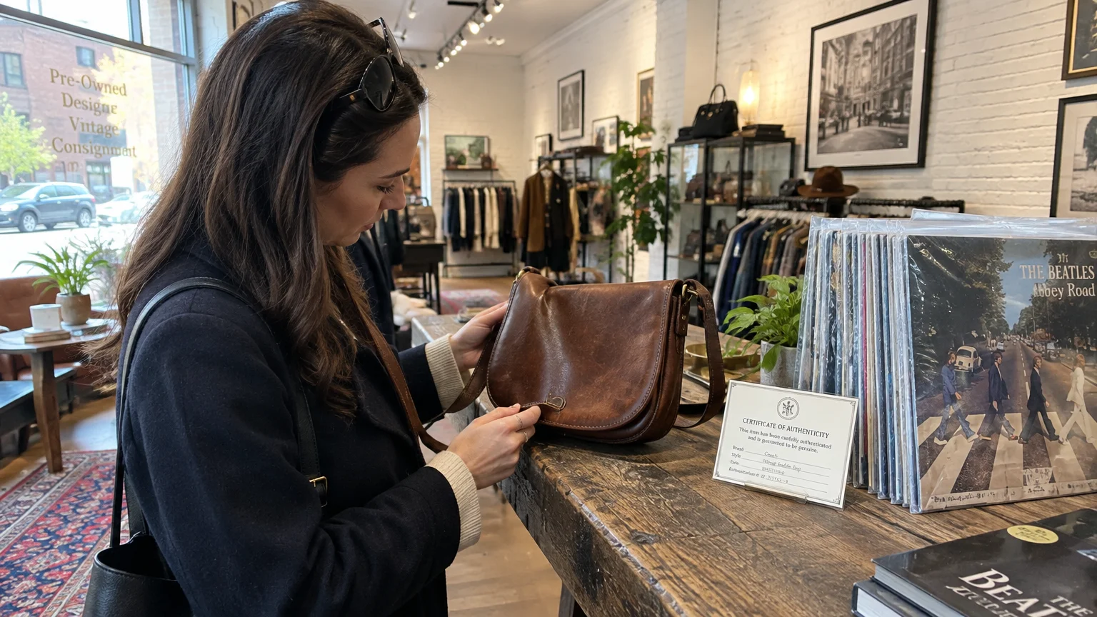 Woman examining a brown leather purse next to a framed certificate of authenticity and vinyl records in a boutique.