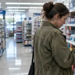 A woman in a green jacket examines a medicine bottle on a pharmacy aisle shelf lined with medications.