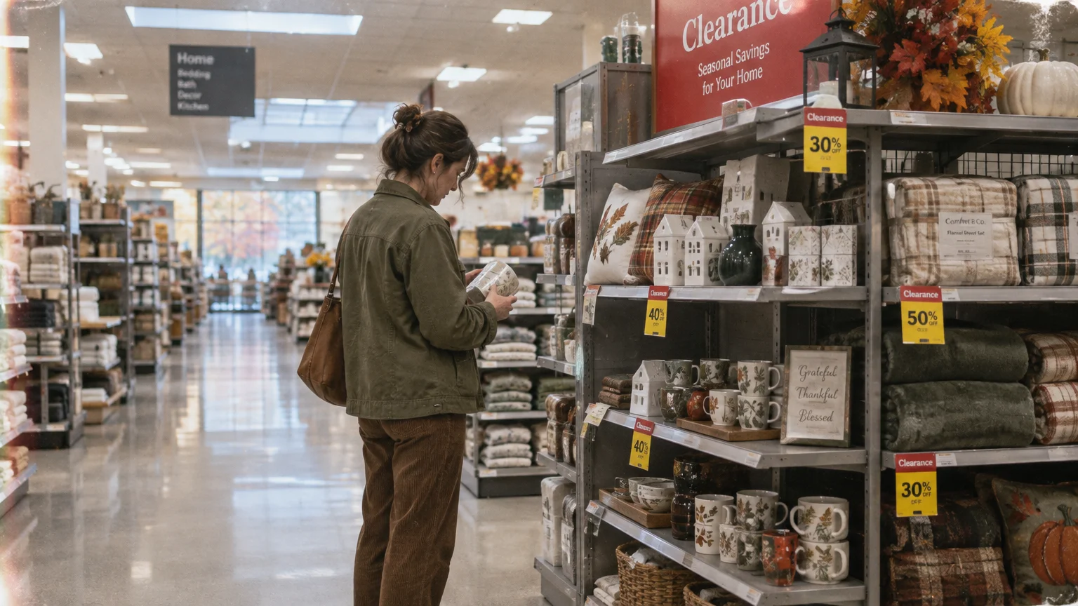 A woman browses home goods on metal clearance shelves displaying yellow discount signs in a department store aisle.