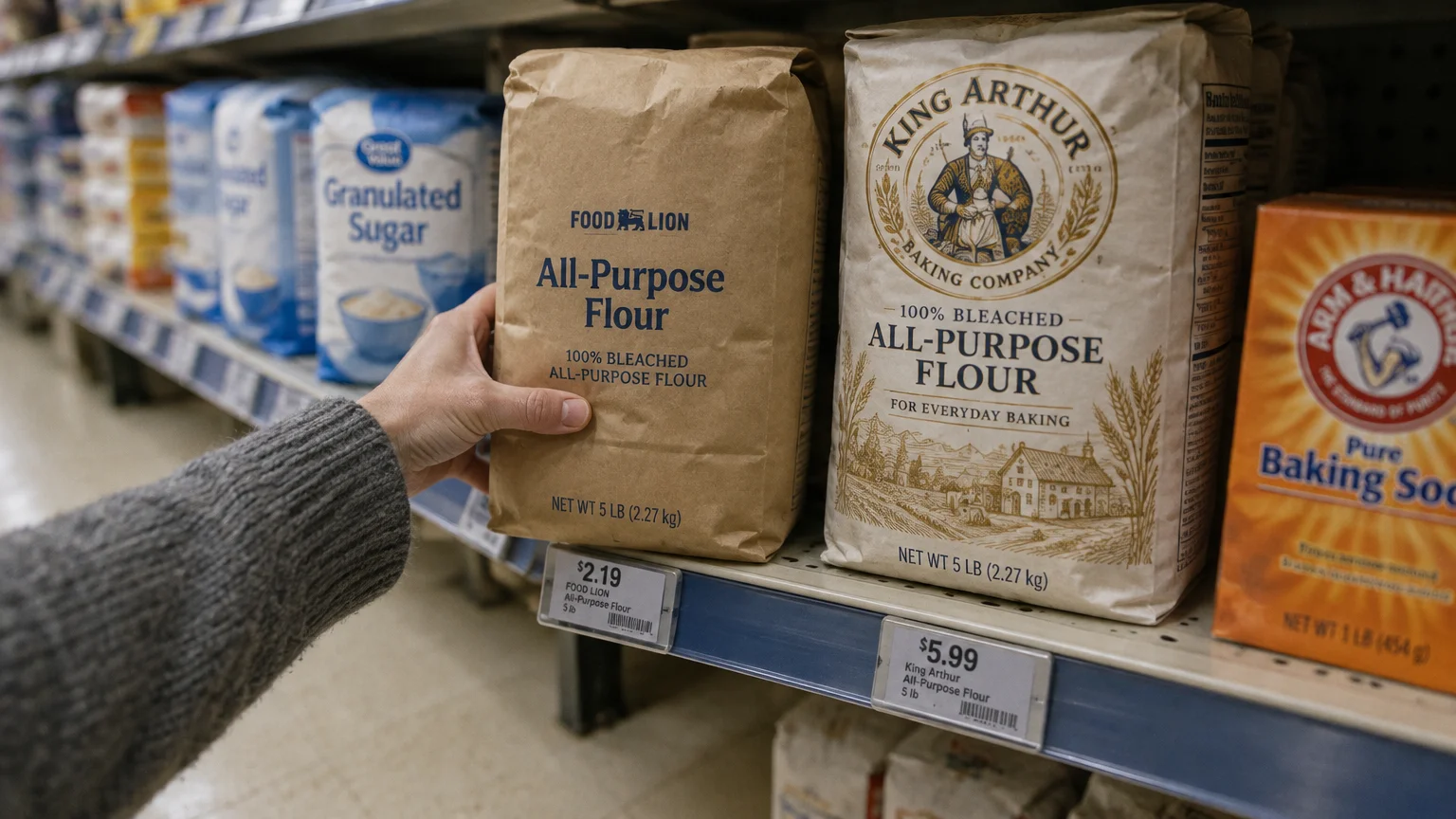 A hand selects a five-pound bag of Food Lion all-purpose flour shelved beside a more expensive King Arthur flour bag.
