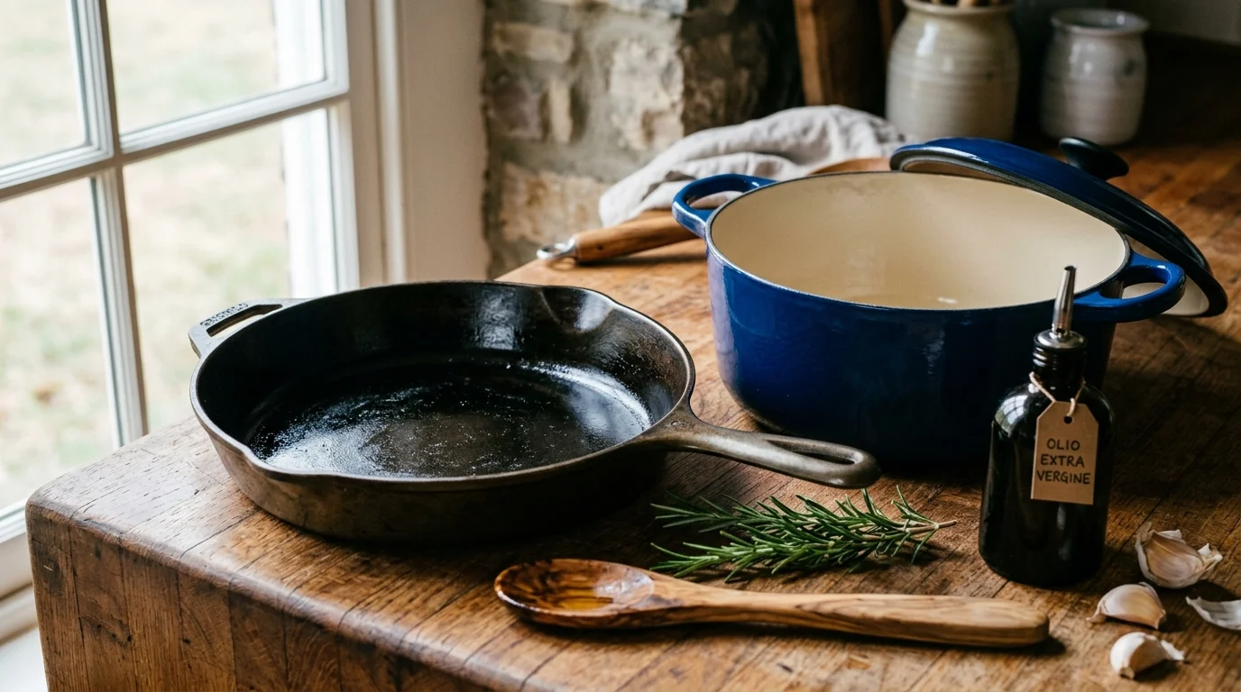 A seasoned cast-iron skillet and a blue enameled Dutch oven sit on a wooden countertop by a window with herbs and olive oil.