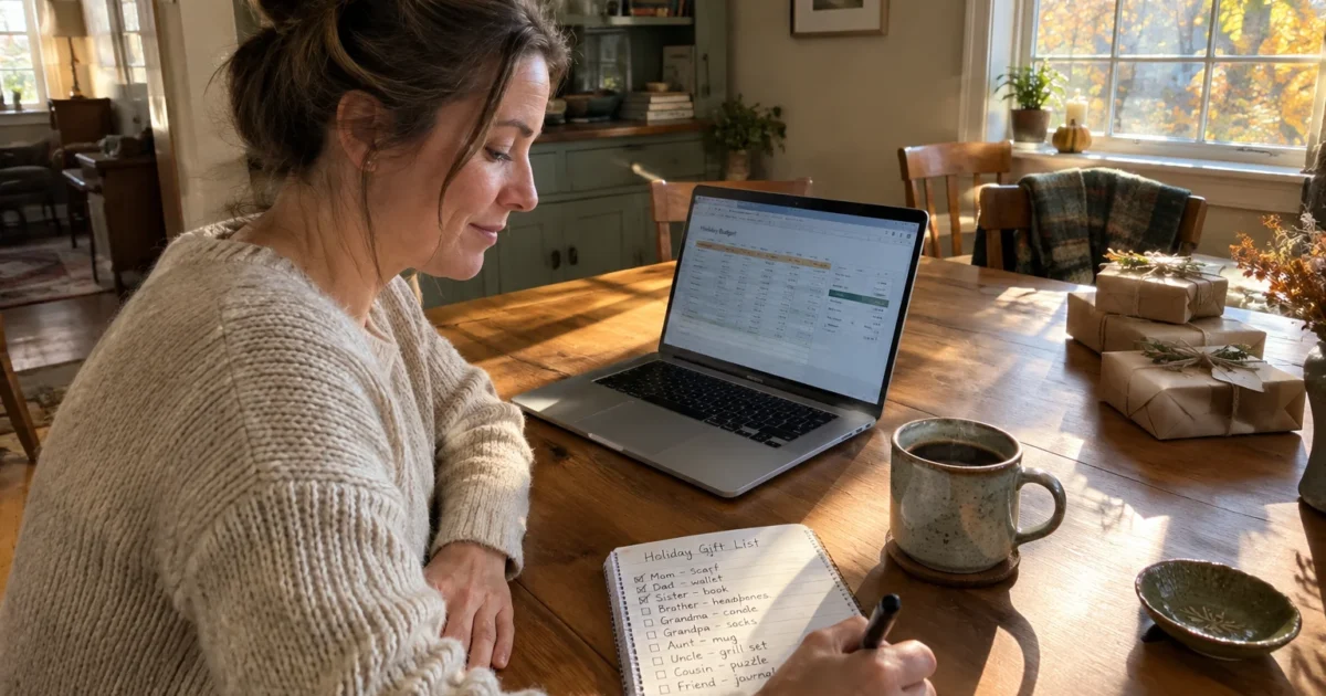 A woman sitting at a wooden table with a laptop, coffee mug, wrapped gifts, and a handwritten holiday gift list.