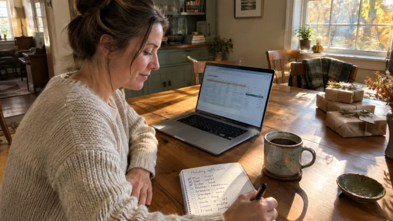 A woman sitting at a wooden table with a laptop, coffee mug, wrapped gifts, and a handwritten holiday gift list.