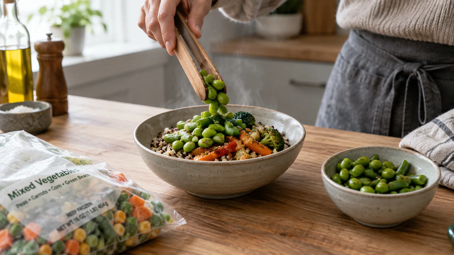 Tongs adding edamame to a warm vegetable bowl on a counter beside a bag of frozen mixed vegetables.