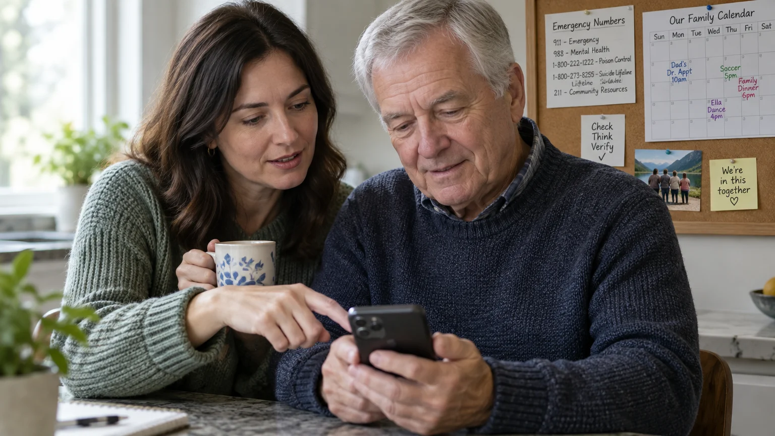 A woman pointing at a smartphone held by an older man sitting at a kitchen table beside a bulletin board.
