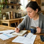 A woman sits at a wooden table reviewing paper bills and writing in a notebook beside her smartphone on a call.