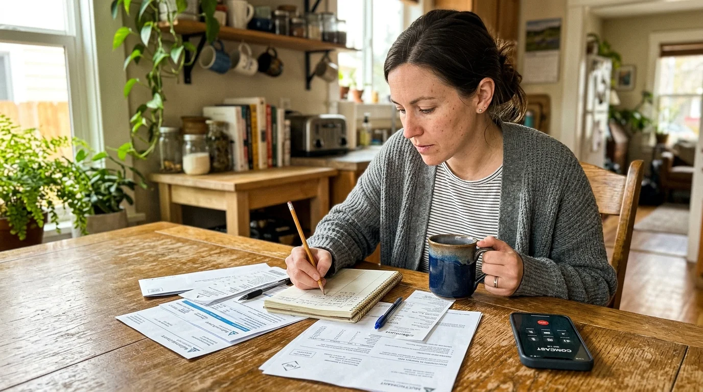 A woman sits at a wooden table reviewing paper bills and writing in a notebook beside her smartphone on a call.