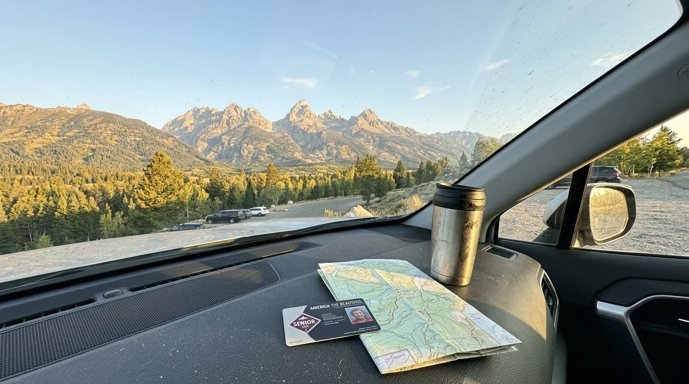 View from a car dashboard holding a map, travel mug, and Senior Pass card, overlooking rugged mountains and pine trees.